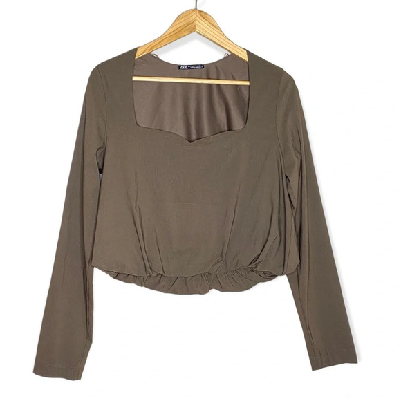 Zara Army Green Sweetheart Neckline Long Sleeve Crop Top Size Medium - Picture 3 of 12